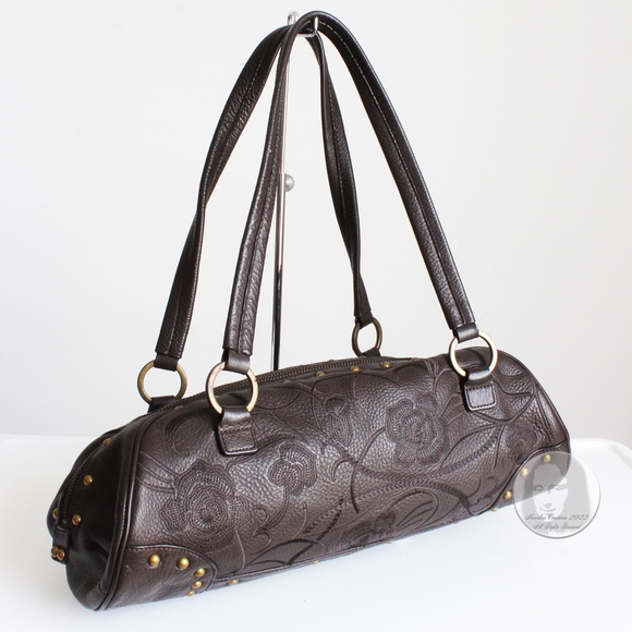 Sondra Roberts Bag Satchel Brown Leather Floral Embossed Studs - Picture 6 of 10